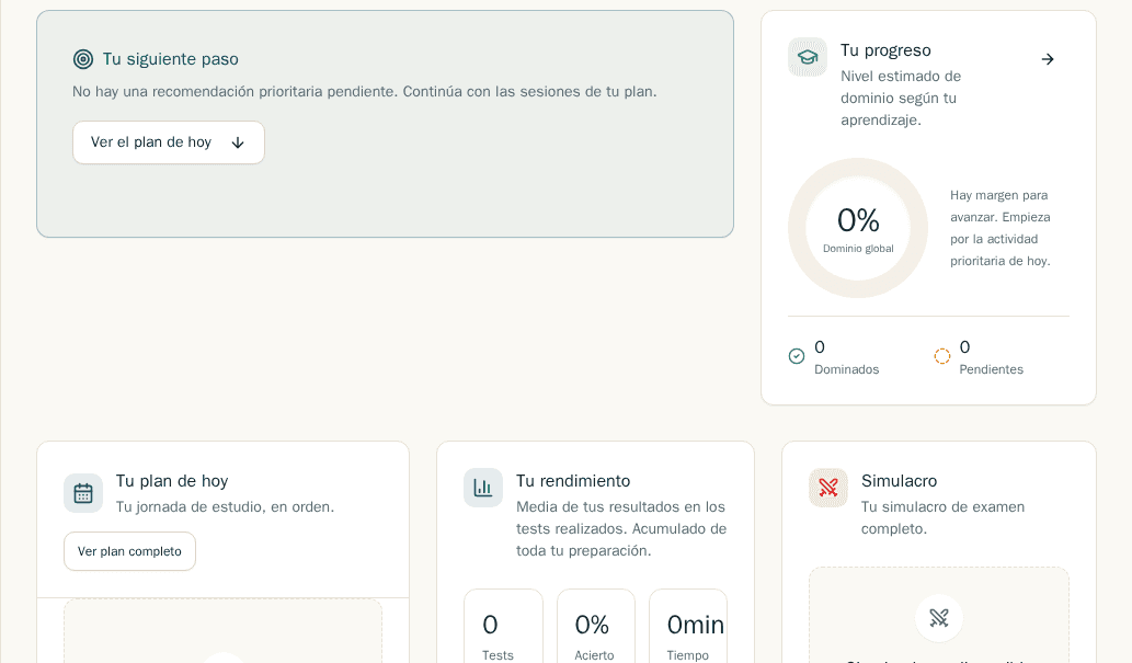 Panel del alumno de MINETHRA mostrando el plan de estudio, el progreso por tema y los próximos repasos